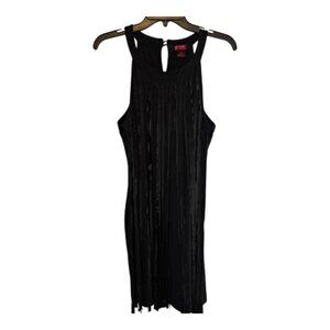 ROCK & ROLL DENIM LARGE BLACK HALTER DRESS SLEEVELESS FRONT FRINGE FAUX SUEDE